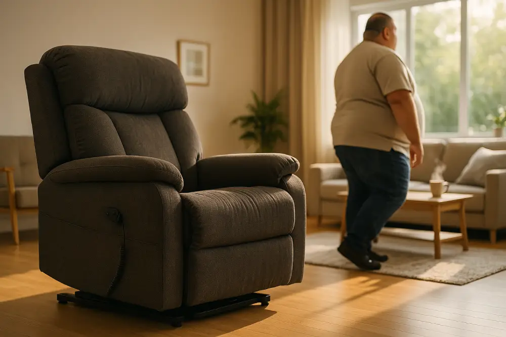Fauteuil releveur électrique robuste avec assise large dans un salon lumineux, homme de dos au second plan