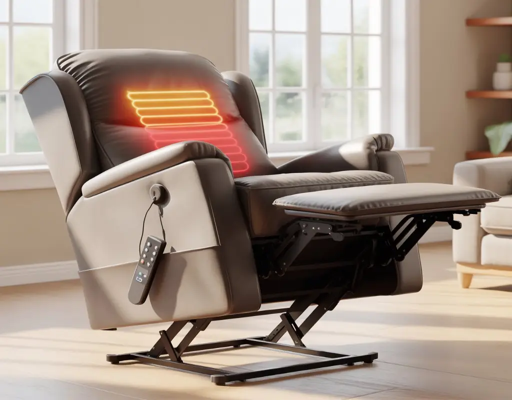 Fauteuil releveur massant et chauffant utilisé dans un salon chaleureux, avec télécommande
