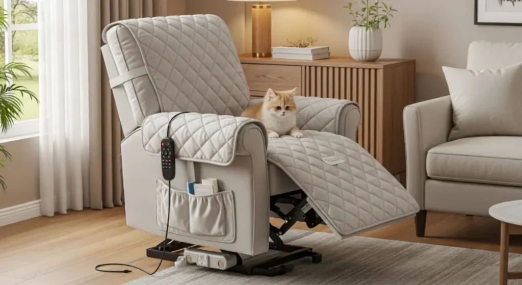 Housse matelassée pour fauteuil releveur électrique avec poche latérale et protection anti-animaux