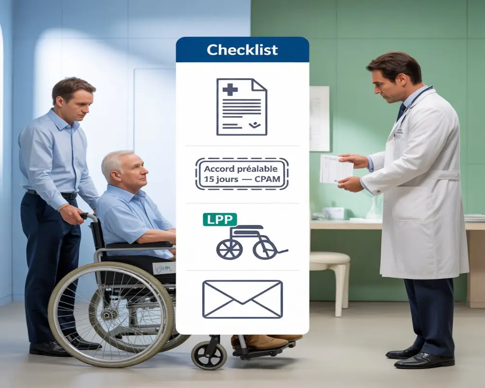 Procédure de prise en charge CPAM d’un fauteuil releveur électrique : ordonnance, accord préalable (15 jours), modèle LPP et envoi du dossier.
