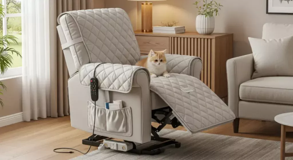 Housse matelassée pour fauteuil releveur électrique avec poche latérale et protection anti-animaux