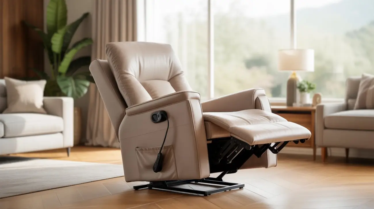 Fauteuil releveur électrique Bastide en position relax dans un salon lumineux, tissu beige, télécommande visible