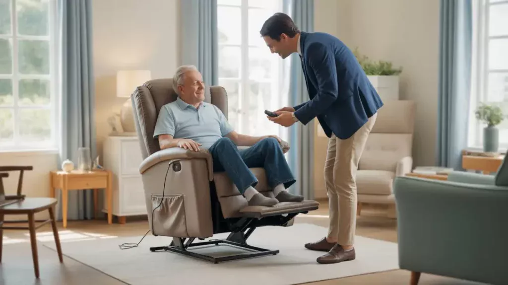 Fauteuil releveur électrique d’occasion testé à domicile avant achat par un senior et un aidant