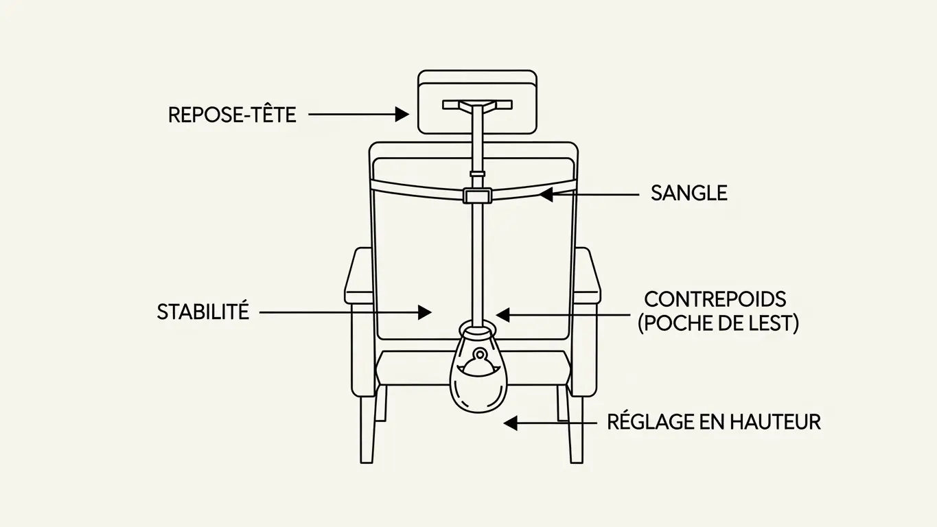 Schéma de fixation par contrepoids d'un repose-tête pour fauteuil releveur
