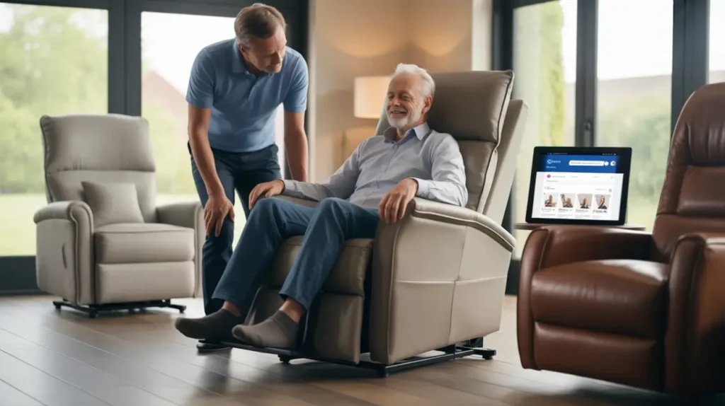 Senior comparant différentes marques de fauteuil releveur avec un accompagnant, pour choisir le modèle adapté à ses besoins