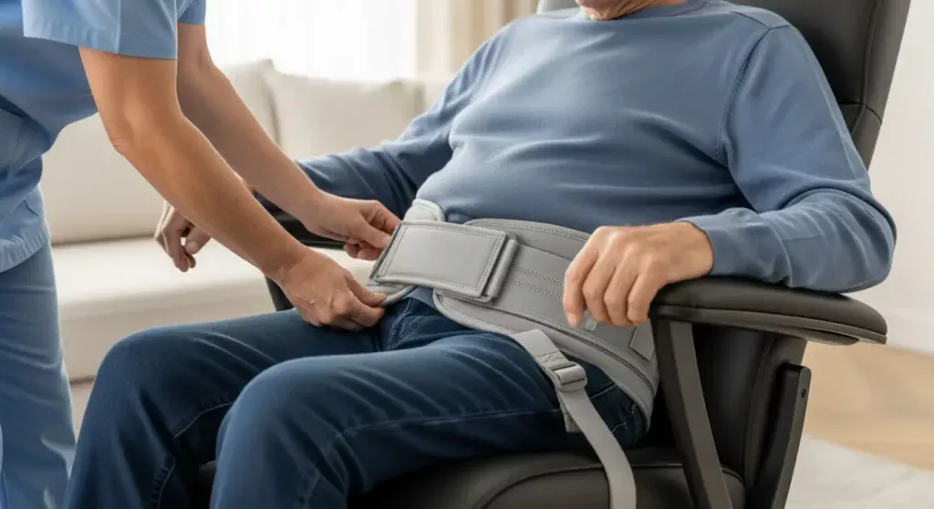 Ceinture pour fauteuil releveur : aidant réglant une ceinture pelvienne anti-glisse avec sangle périnéale pour une installation sécurisée
