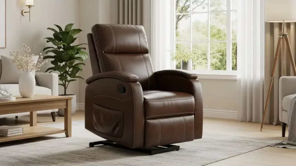 Fauteuil releveur cuir moderne en cuir véritable installé dans un salon contemporain