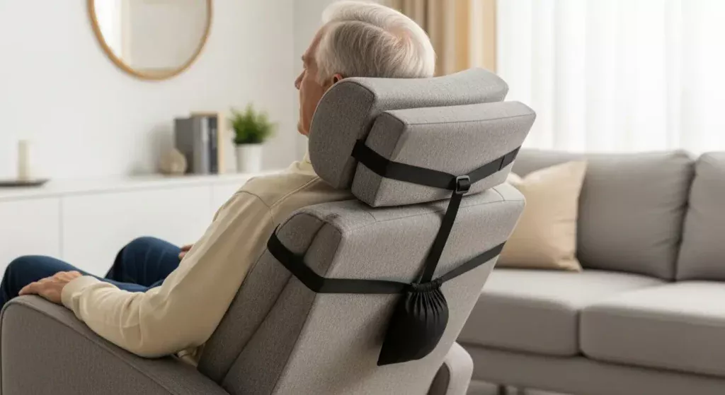 Repose-tête pour fauteuil releveur avec fixation par sangle et contrepoids pour un meilleur maintien cervical