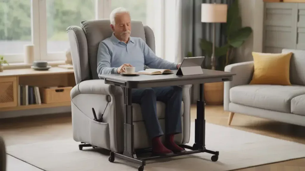 Table pour fauteuil releveur électrique permettant à un senior de lire et d’utiliser une tablette confortablement chez lui